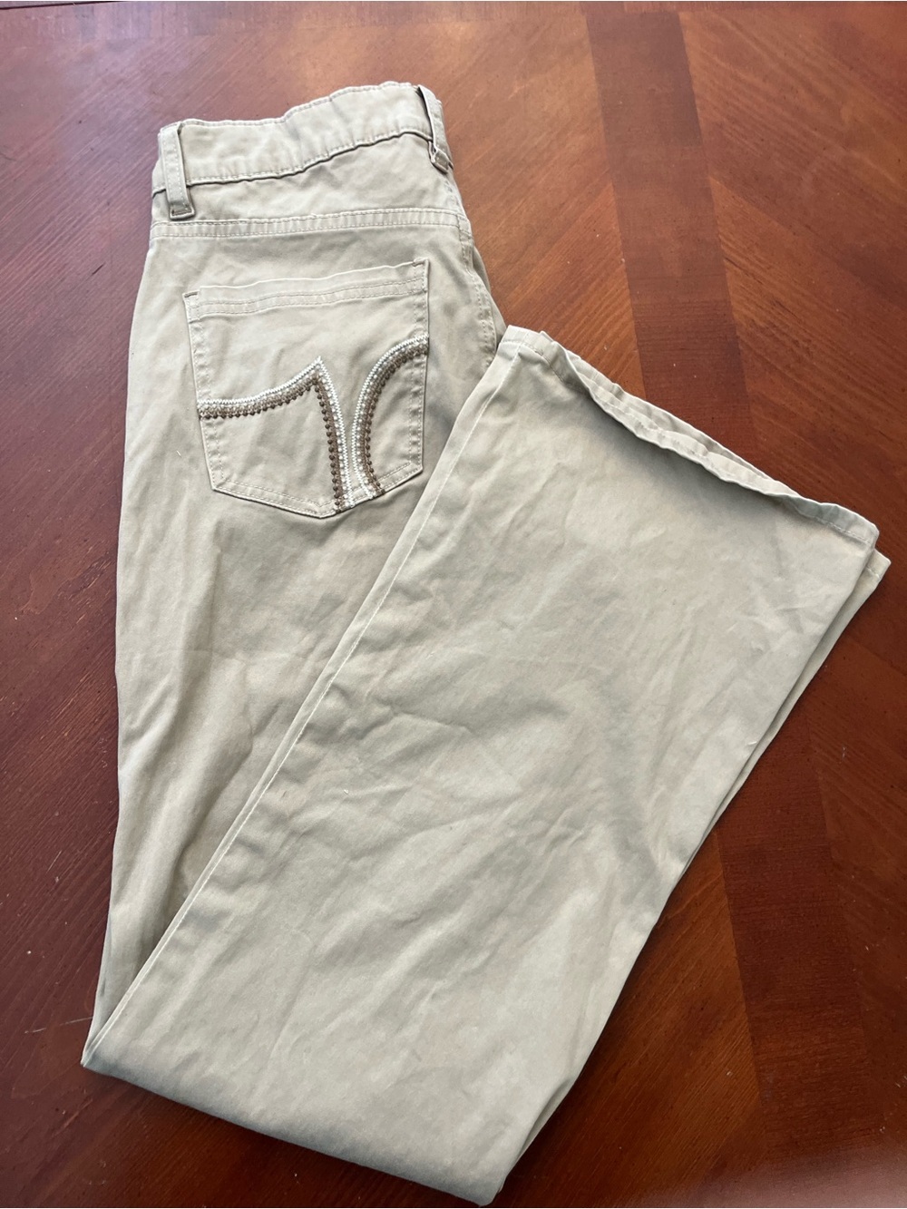 Vintage Jag Jeans Khaki Tan Flare Wide Leg Stretch Pants Size 4 Embroidered